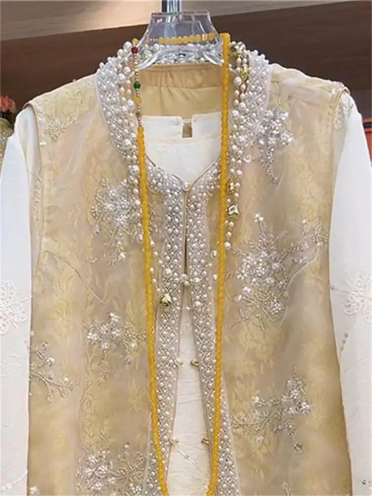 Elegant Modern Chinese Style Beaded Lace-Embroidered Waistcoat 
