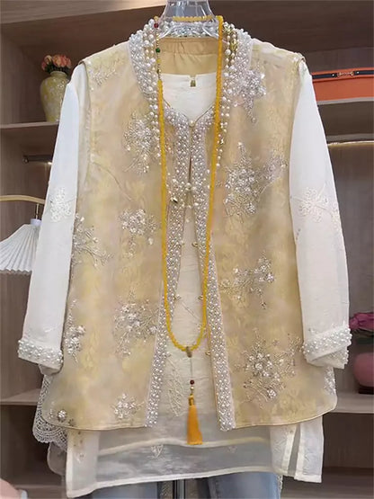 Elegant Modern Chinese Style Beaded Lace-Embroidered Waistcoat 