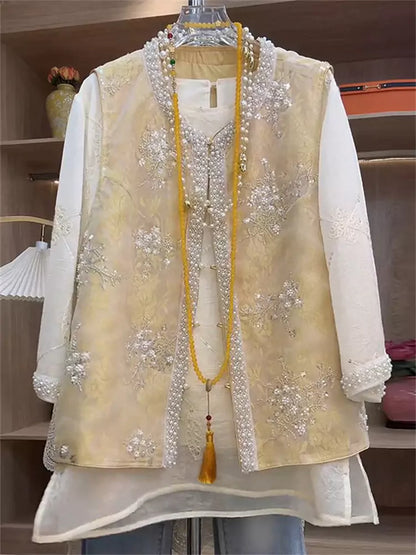 Elegant Modern Chinese Style Beaded Lace-Embroidered Waistcoat 