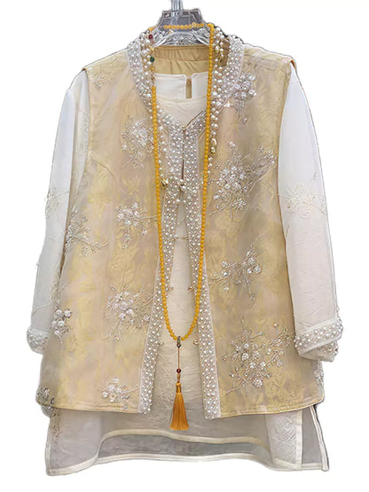 Elegant Modern Chinese Style Beaded Lace-Embroidered Waistcoat 