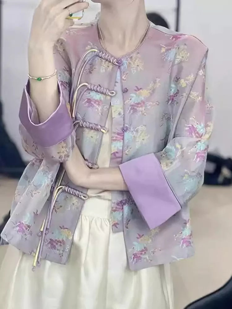 Modern Chinese Style Women's Purple Jacket with Luxe Embroidery