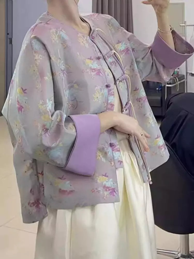 Modern Chinese Style Women's Purple Jacket with Luxe Embroidery