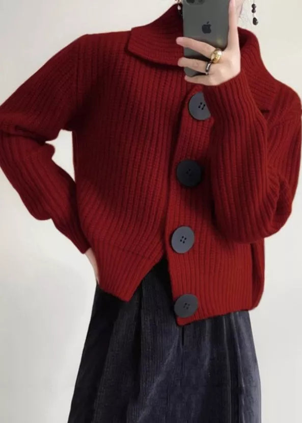 Vintage Red Button-Up Knit Cardigan for Women