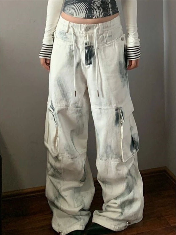 Cargo-Jeans mit mehreren Taschen, gewaschen, weites Bein, Cargo-Stil