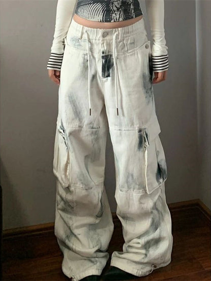 Multi Pocket Washed Wide Leg Cargo Jeans