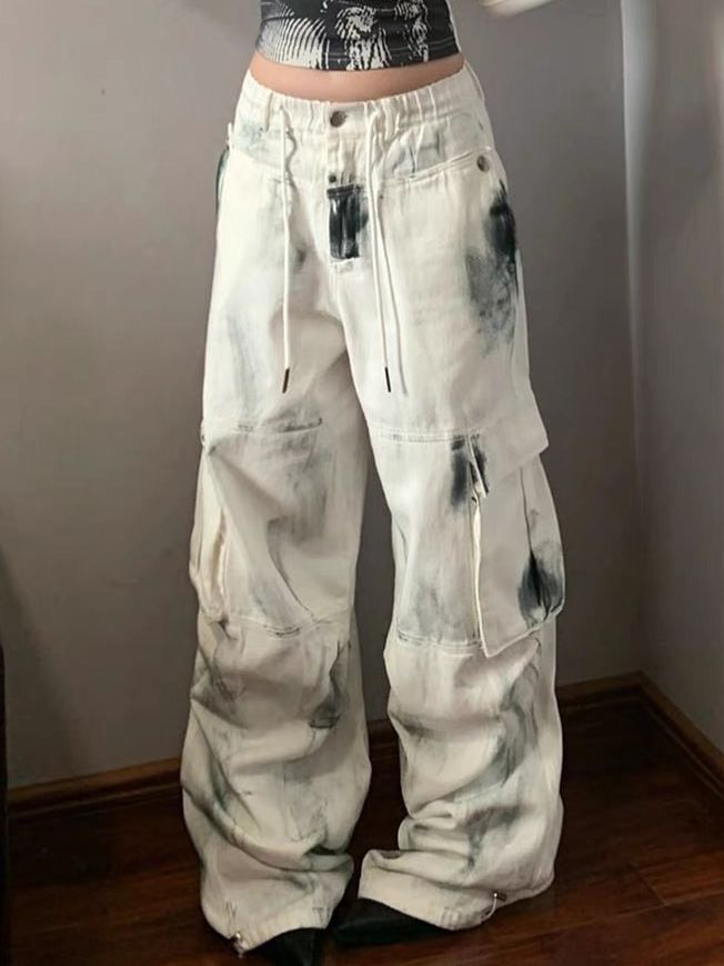 Cargo-Jeans mit mehreren Taschen, gewaschen, weites Bein, Cargo-Stil
