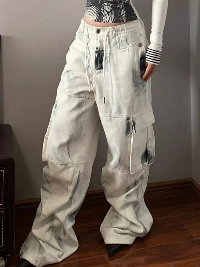 Cargo-Jeans mit mehreren Taschen, gewaschen, weites Bein, Cargo-Stil