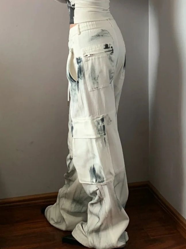 Cargo-Jeans mit mehreren Taschen, gewaschen, weites Bein, Cargo-Stil