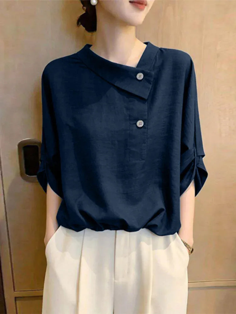 Navy Asymmetrical Button Front Three Quarter Sleeve Shirt