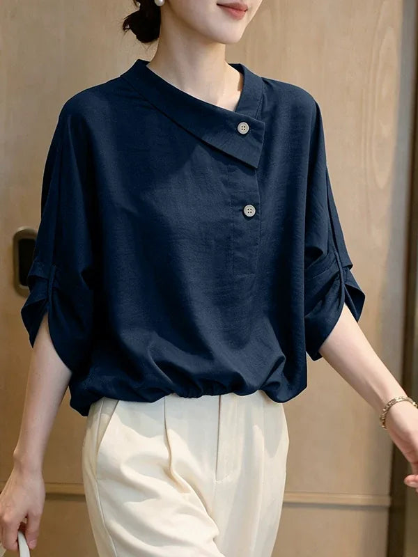 Navy Asymmetrical Button Front Three Quarter Sleeve Shirt