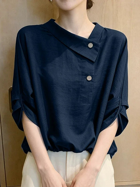 Navy Asymmetrical Button Front Three Quarter Sleeve Shirt