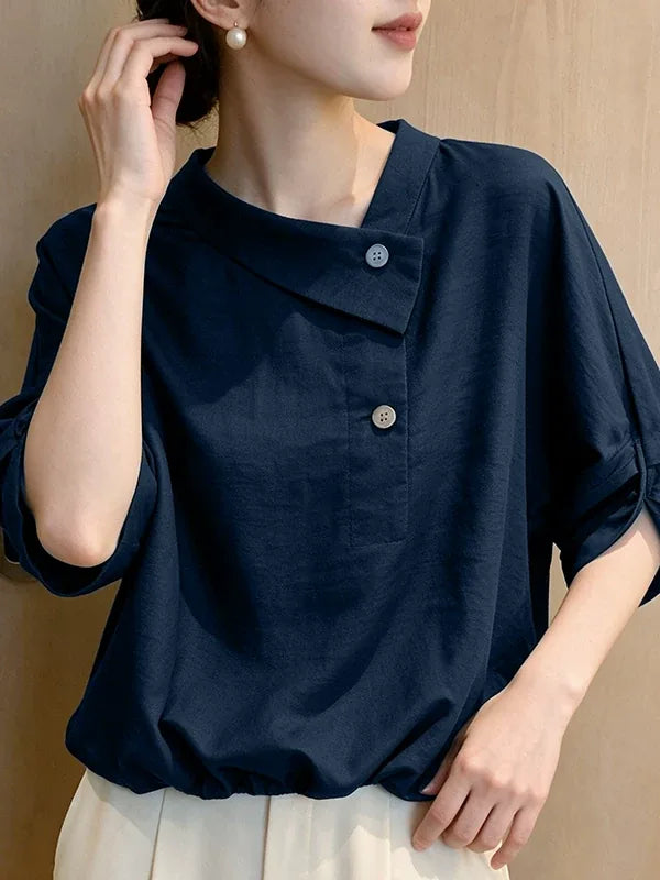 Navy Asymmetrical Button Front Three Quarter Sleeve Shirt