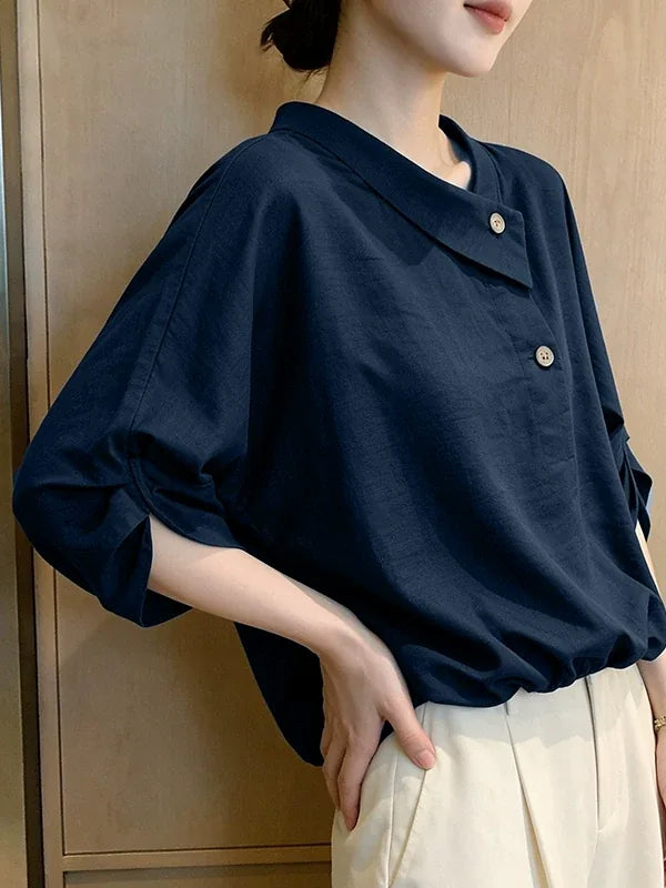 Navy Asymmetrical Button Front Three Quarter Sleeve Shirt