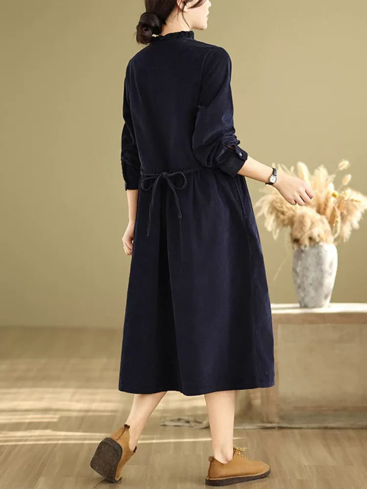 Navy Corduroy Ruffled Collar A-Line Midi Dress