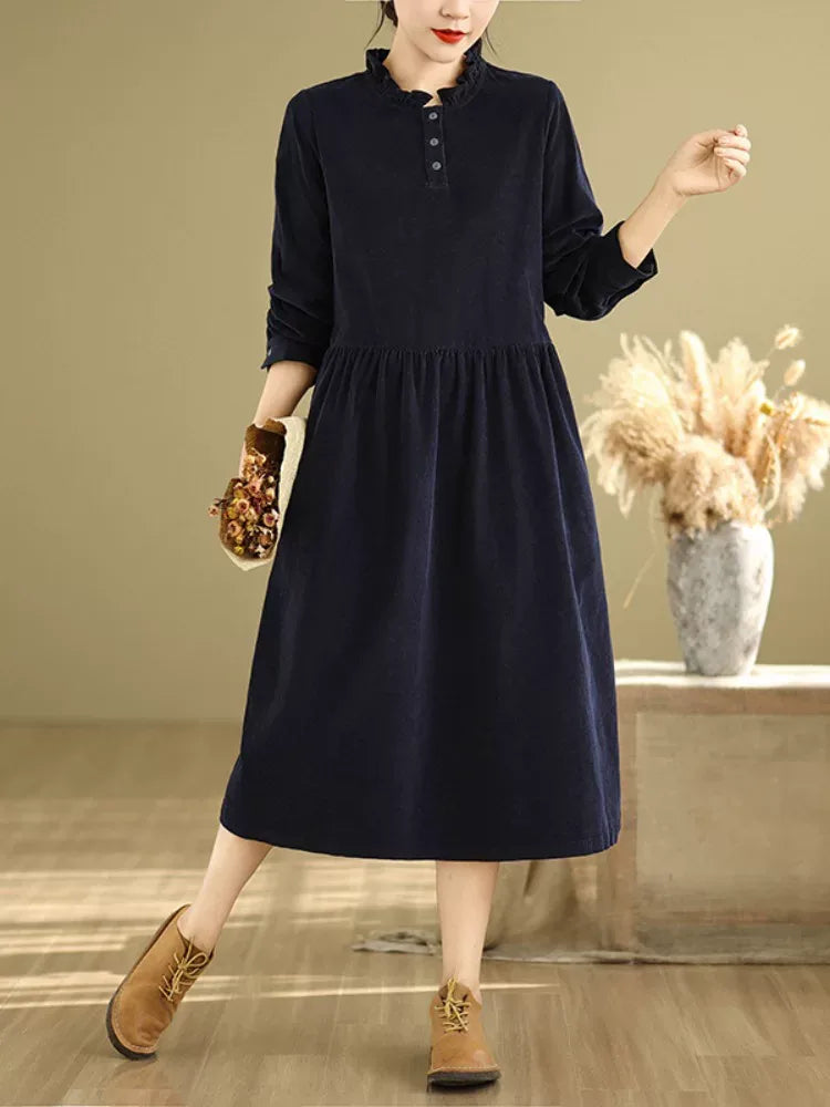 Navy Corduroy Ruffled Collar A-Line Midi Dress