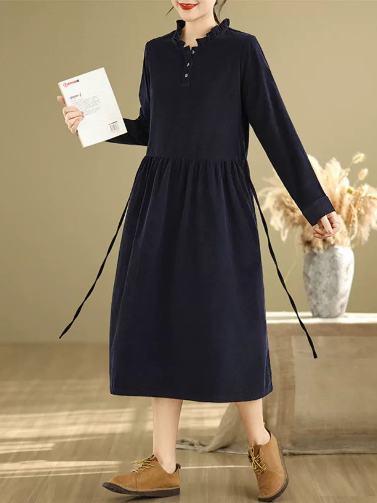 Navy Corduroy Ruffled Collar A-Line Midi Dress