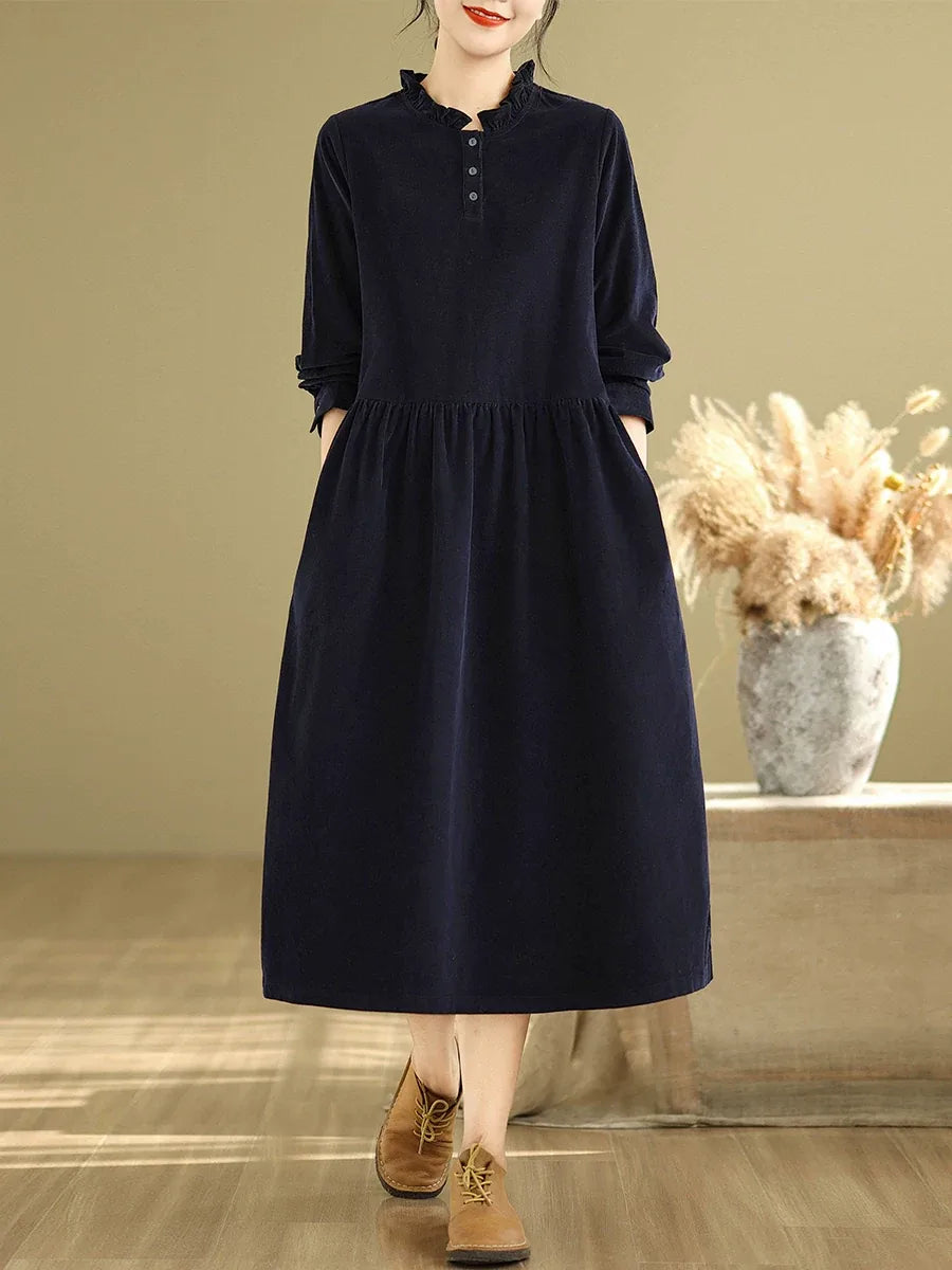 Navy Corduroy Ruffled Collar A-Line Midi Dress