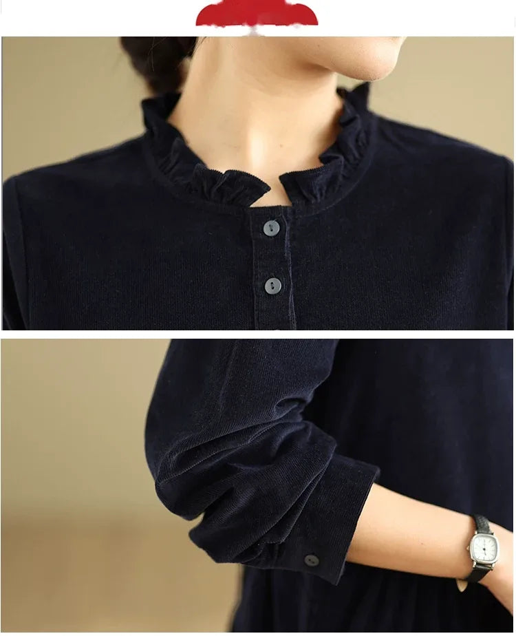 Navy Corduroy Ruffled Collar A-Line Midi Dress