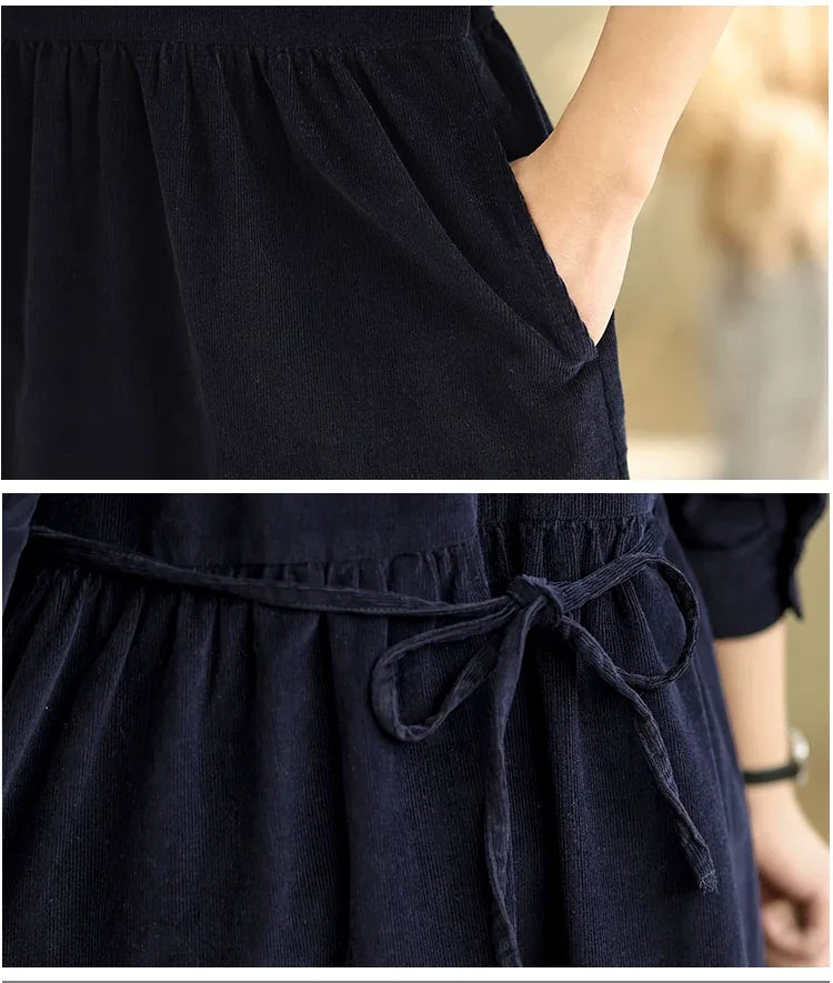 Navy Corduroy Ruffled Collar A-Line Midi Dress
