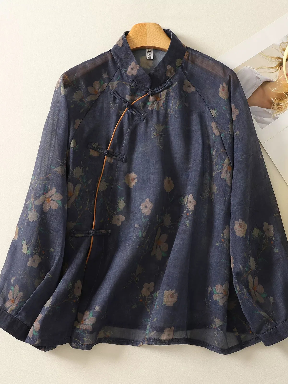 Navy Floral Mandarin Collar Frog Button Shirt