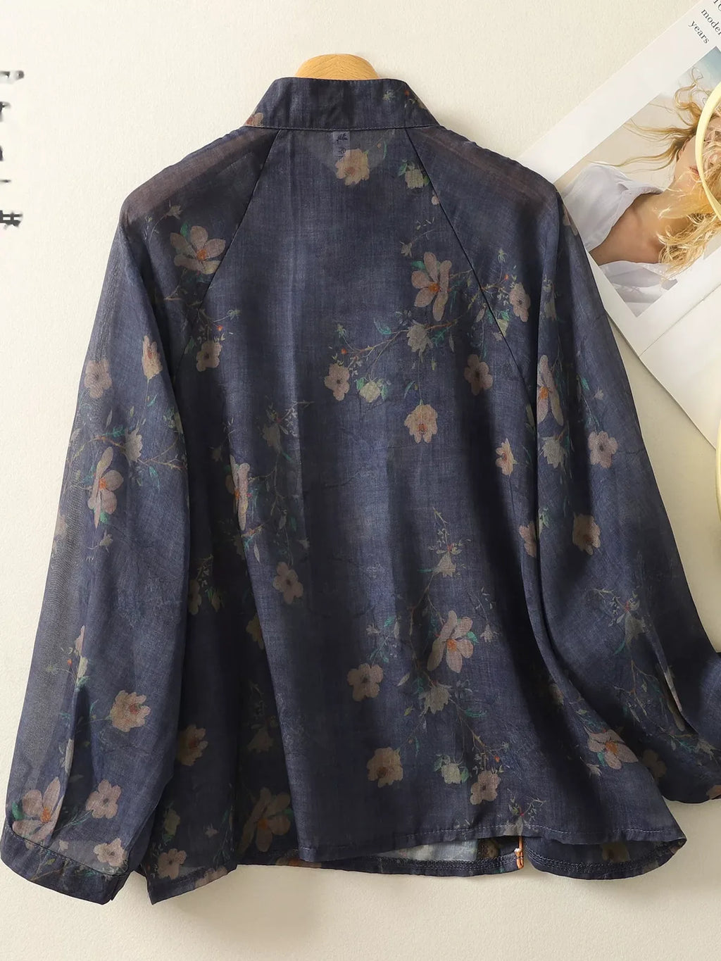 Navy Floral Mandarin Collar Frog Button Shirt
