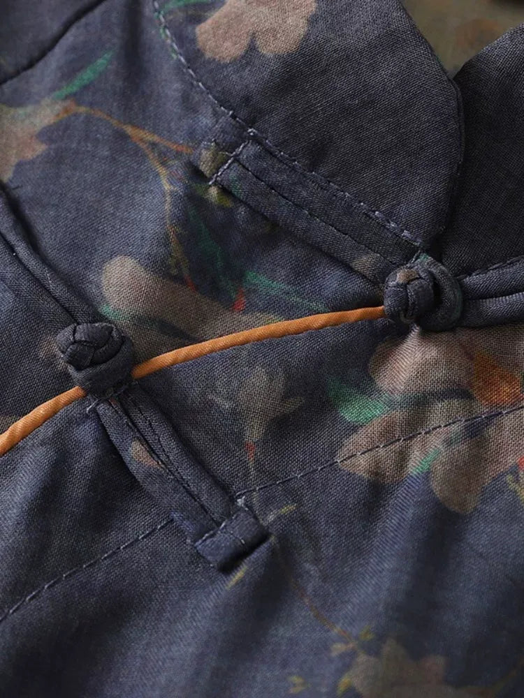 Navy Floral Mandarin Collar Frog Button Shirt