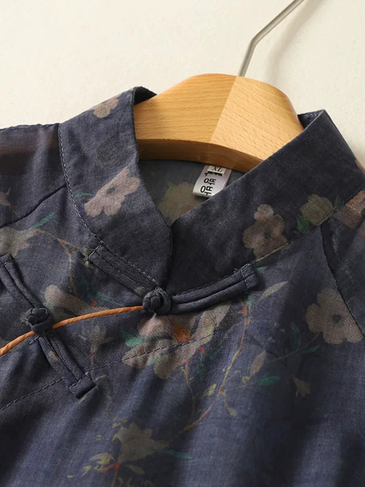 Navy Floral Mandarin Collar Frog Button Shirt