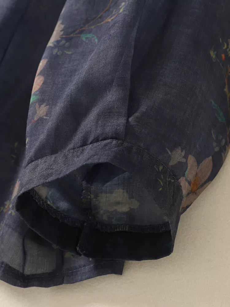 Navy Floral Mandarin Collar Frog Button Shirt