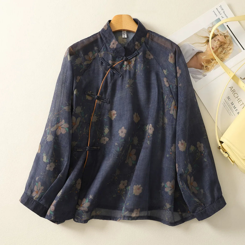 Navy Floral Mandarin Collar Frog Button Shirt
