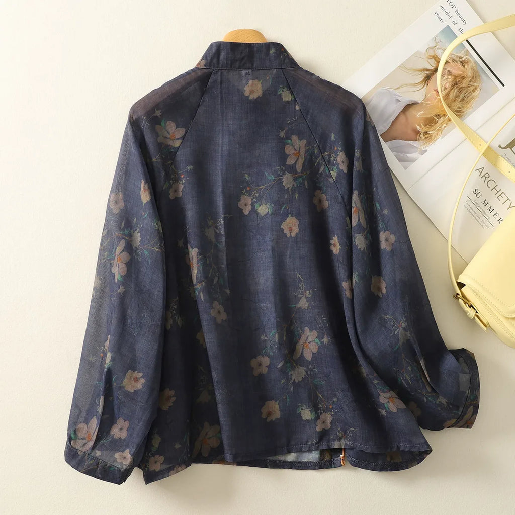 Navy Floral Mandarin Collar Frog Button Shirt