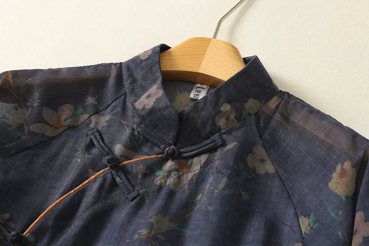 Navy Floral Mandarin Collar Frog Button Shirt