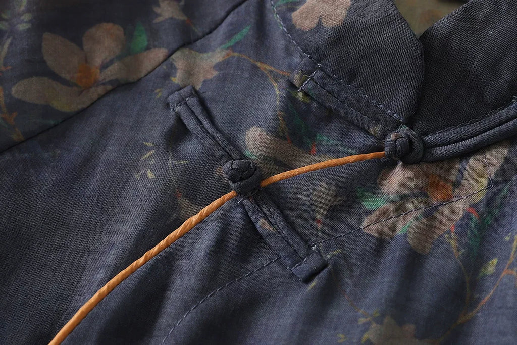 Navy Floral Mandarin Collar Frog Button Shirt