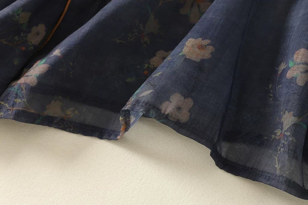 Navy Floral Mandarin Collar Frog Button Shirt