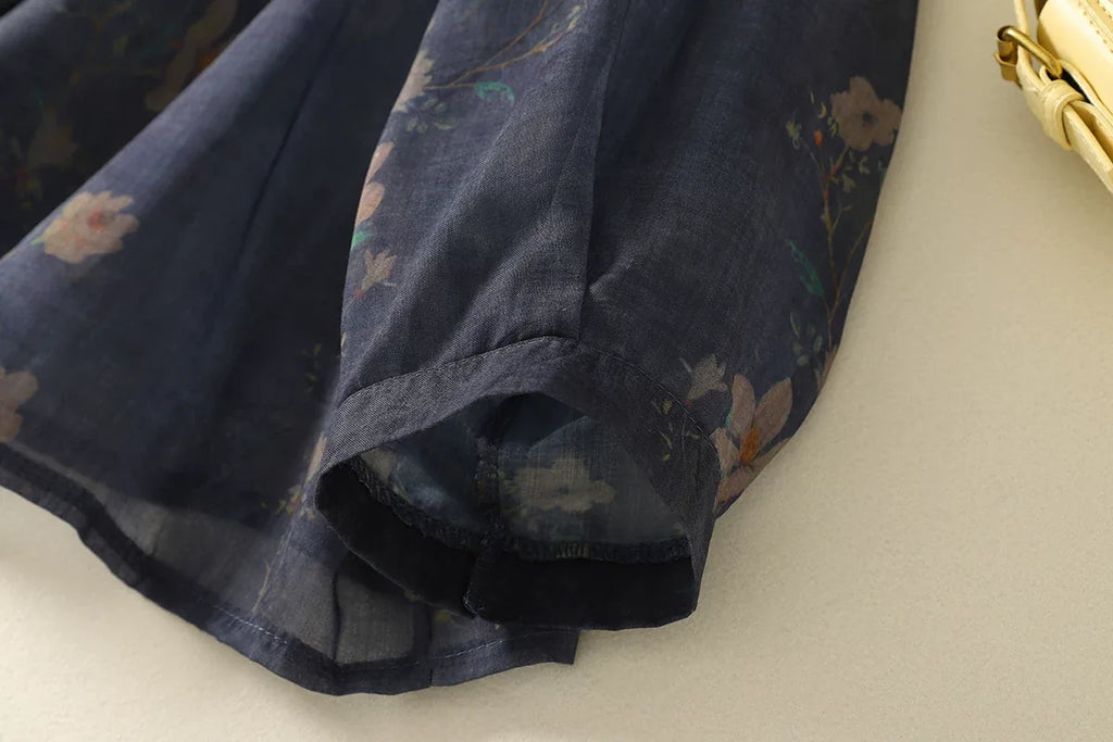 Navy Floral Mandarin Collar Frog Button Shirt