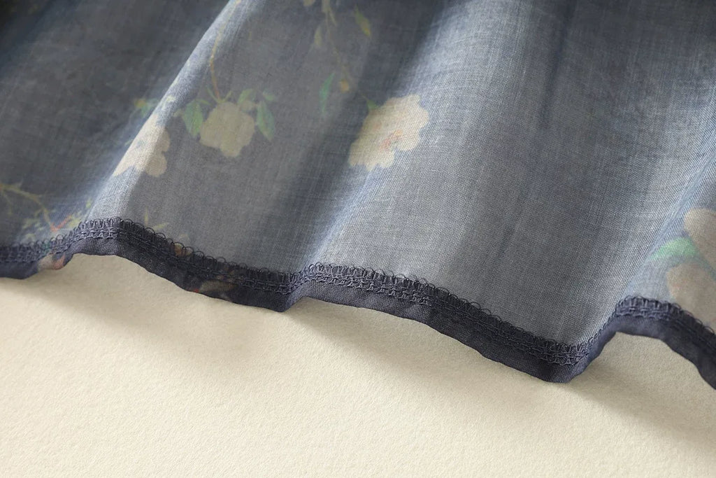 Navy Floral Mandarin Collar Frog Button Shirt