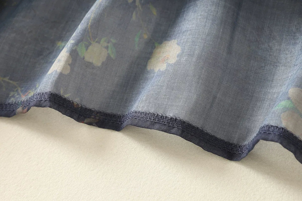 Navy Floral Mandarin Collar Frog Button Shirt