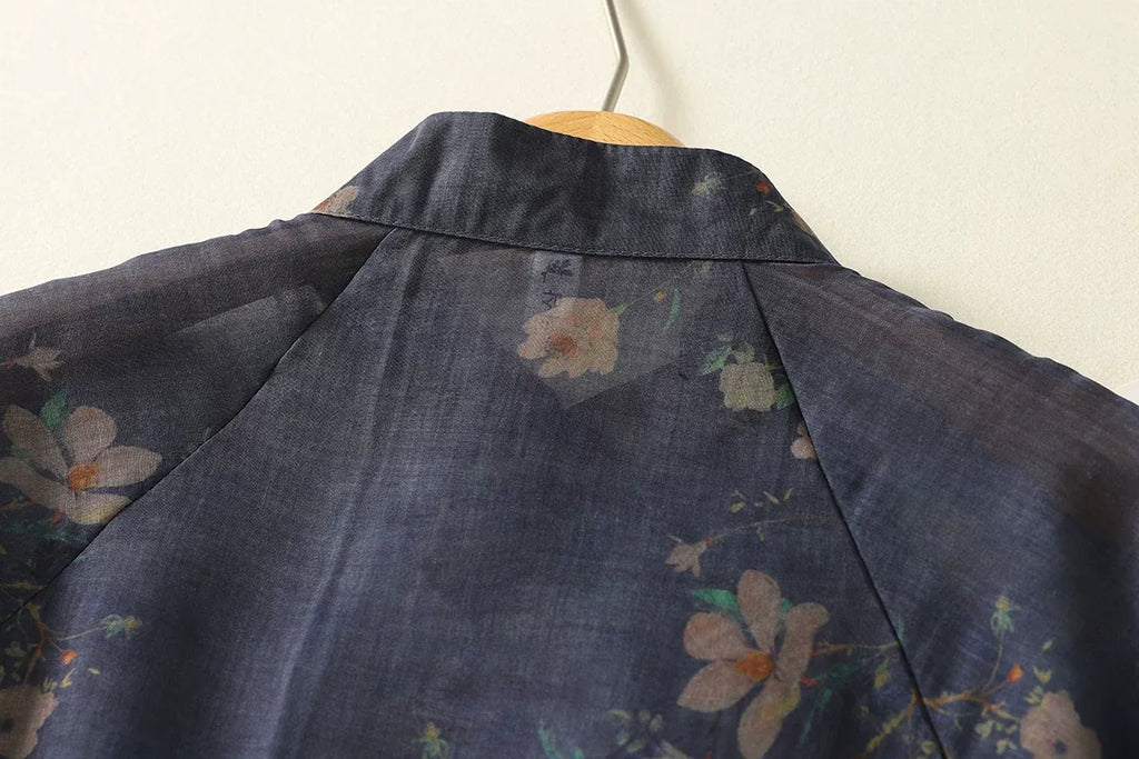 Navy Floral Mandarin Collar Frog Button Shirt
