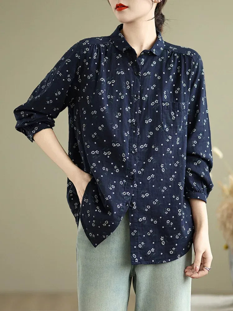 Navy Floral Print Long Sleeve Button Front Shirt