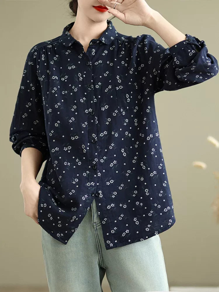 Navy Floral Print Long Sleeve Button Front Shirt