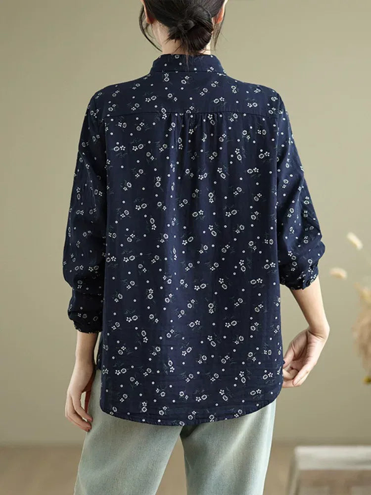 Navy Floral Print Long Sleeve Button Front Shirt