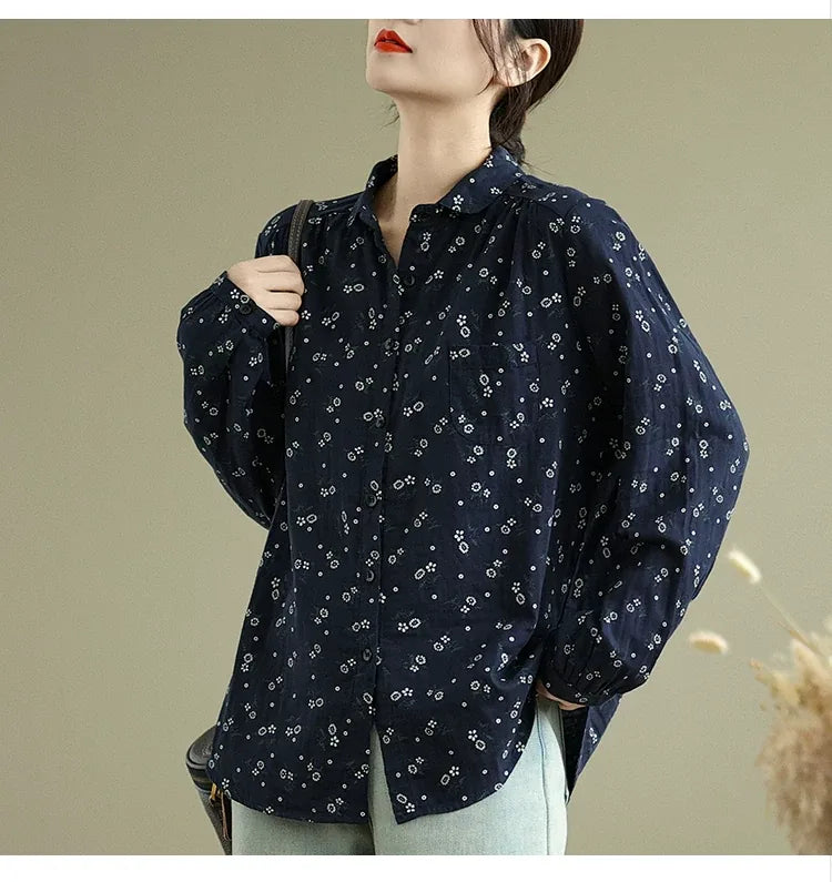 Navy Floral Print Long Sleeve Button Front Shirt