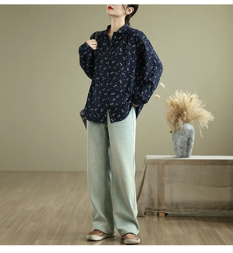 Navy Floral Print Long Sleeve Button Front Shirt