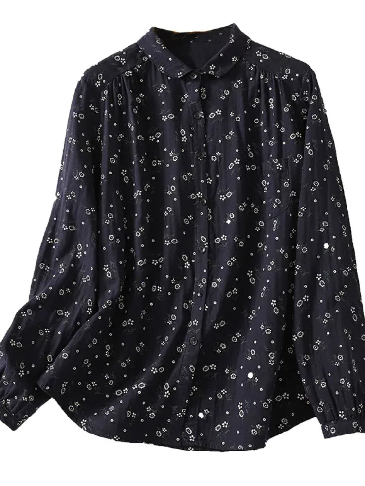 Navy Floral Print Long Sleeve Button Front Shirt