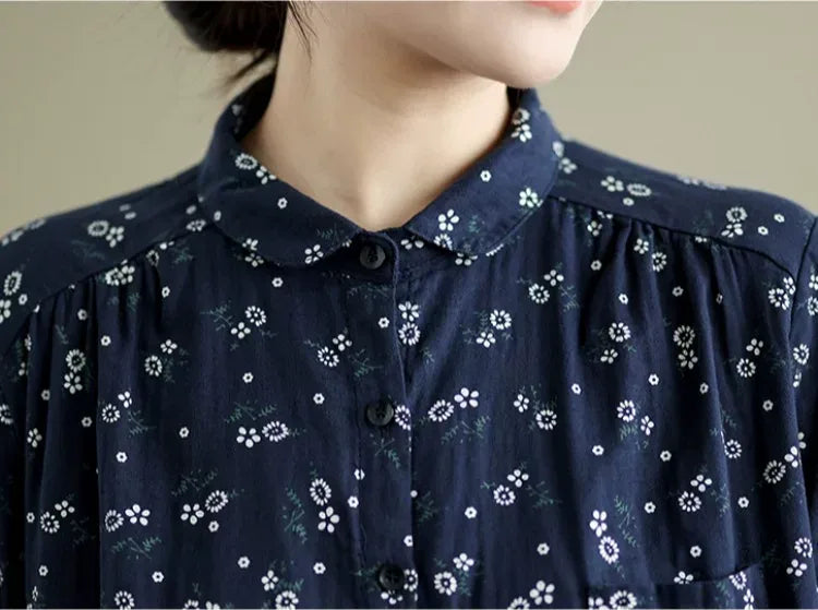 Navy Floral Print Long Sleeve Button Front Shirt