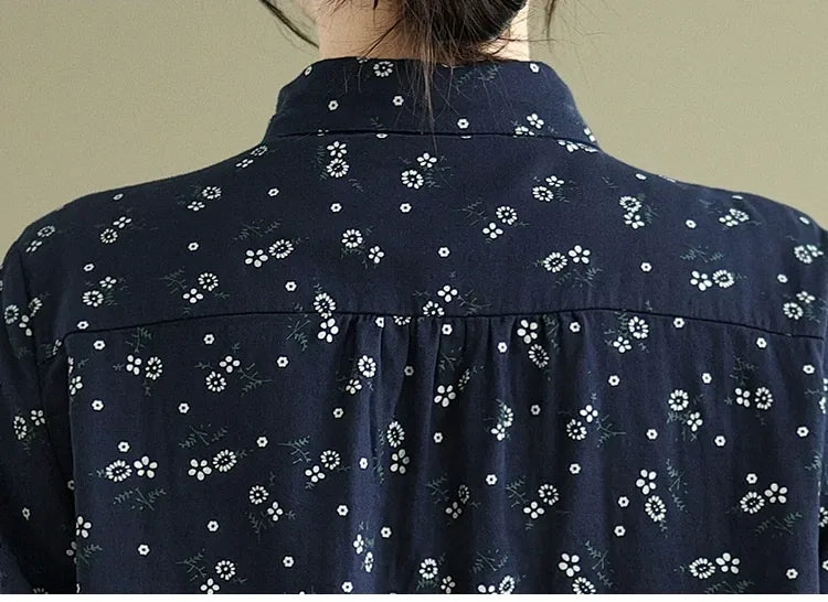 Navy Floral Print Long Sleeve Button Front Shirt