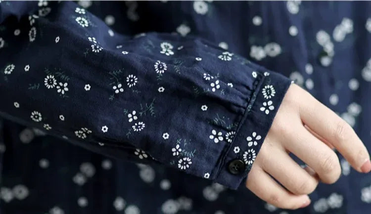 Navy Floral Print Long Sleeve Button Front Shirt