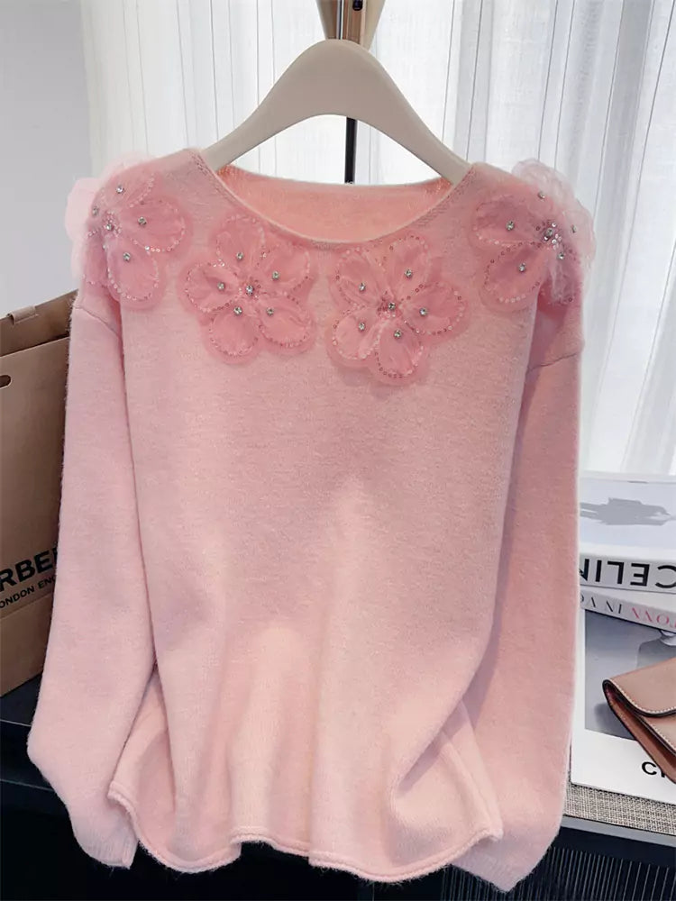 Sweet Beaded and Sequined Floral Knit Sweater