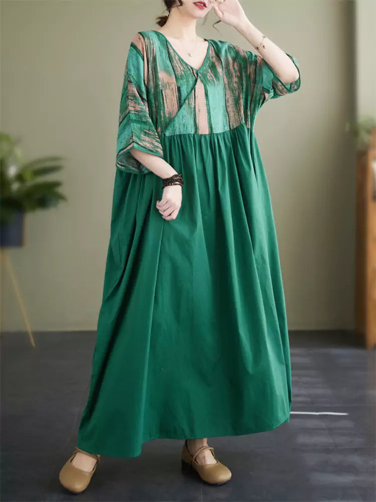 Vintage Print Patchwork Cotton Linen Dress with V-Neck