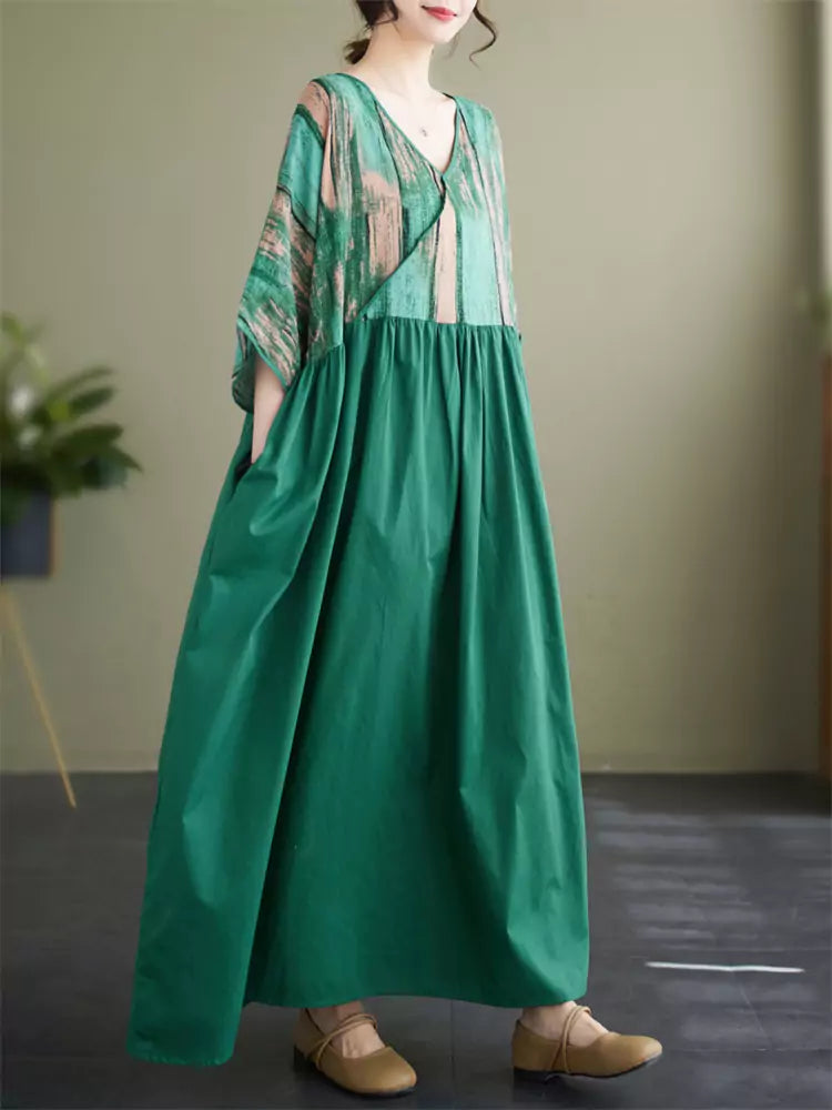 Vintage Print Patchwork Cotton Linen Dress with V-Neck