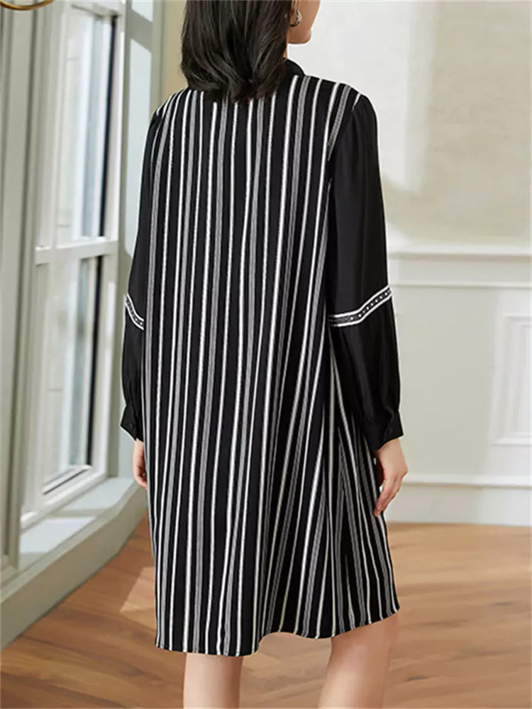 Fashionable Long Sleeve Midi Shirt Dress with Stripe Panel Design